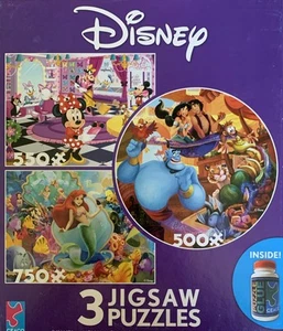 Disney 3 Jigsaw Puzzles by Ceaco Little Mermaid Minnie Mouse & Aladdin New NIB - Picture 1 of 9