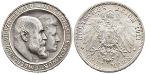 FITZ Impero tedesco Württemberg 3 marchi 1911 Stoccarda matrimonio argento μFIM1756 - Foto 1 di 1