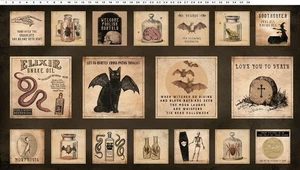 Clothworks Gothic Halloween Bat Witch Cat Snake Skeleton Tomb 100% Cotton Panel - Picture 1 of 4