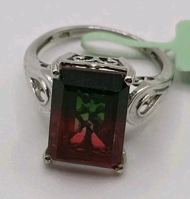 Anillo de cuarzo brasileño de sandía de plata de ley 925 de platino sobre 8 Foto 1 de 4