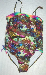 GIRLS Ocean Pacific 1 Pc SWIMSUIT XL 14-16 NEON Camouflage Rainbow PEACE Hearts - Picture 1 of 3