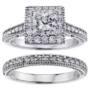 1.40 CT Square Halo Princess Cut Diamond Engagement Bridal Set in 18k White Gold - Picture 1 of 6