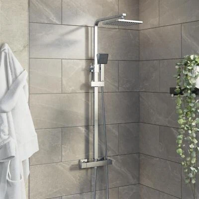 AURORA Thermostatic Mixer Shower Bathroom Square Bar Rainfall Dual Head Handset Chrome