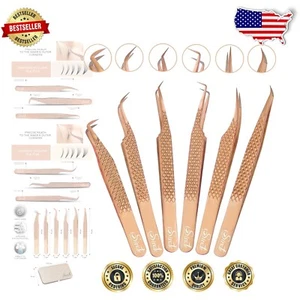 Elegant Rose Gold Eyelash Tweezers Set with Precision Tips for Lash Artists - Picture 1 of 8