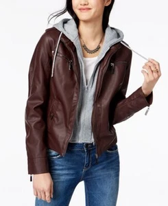 Jou Jou WALNUT Juniors' Girls' Faux-Leather Hoodie Moto Jacket, US XX Large - Picture 1 of 3