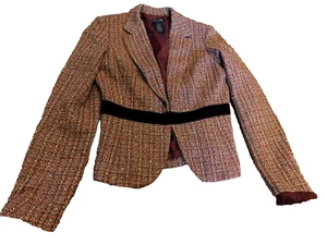 KENNETH COLE NEW YORK Suit Blazer Jacket Coat sz 4 Tweed Cranberry Velvet Accent - Picture 1 of 12