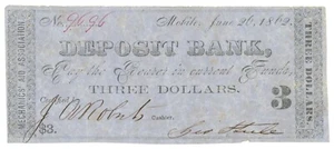 1862 Deposit Bank, Mobile, AL $3 Note No.9696 R202 (59081) - Picture 1 of 2