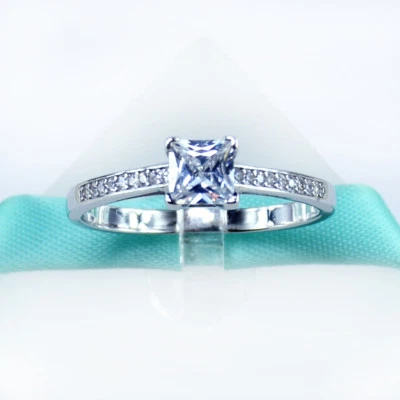 SALE 925 Sterling Silver Princess Cut Cubic Zirconia CZ Engagement Promise Ring - Image 1 of 4