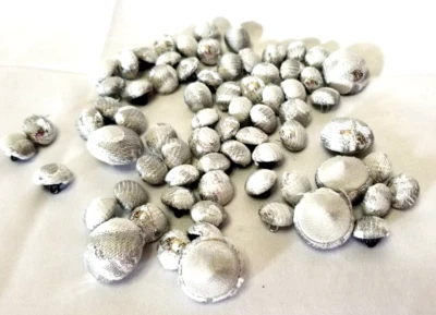 71 Silver Print Cloth Covered Dome Shank Buttons Tuxedo Gowns Crafts 7 Lg 64 Sml - Image 1 of 4
