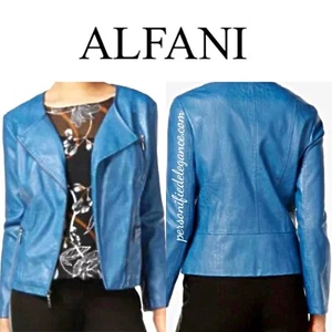 NEW Alfani Faux Leather Sergeant Blue Moto Zip Jacket Size 1X $119 - Picture 1 of 9
