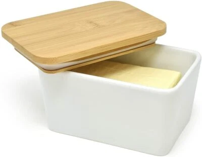 Porcelain Beurrier Titulaire Conteneur Avec en Bois Bambou Couvercle 500 ml - Photo 1/4