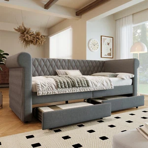Daybett Polsterbett Tagesbett Chesterfield Schlafsofa 90x200cm mit Stauraum Grau - Bild 1 von 9