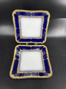 Antique CFH-GDM France Haviland Limoges Square Gilded Plate Cobalt Blue Set 2 - Picture 1 of 7
