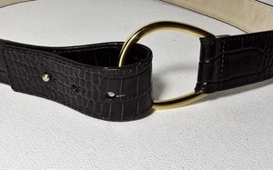 Womens Talbots Brown Croc Embossed Leather Equestrian Horseshoe Belt Wide Sz 2X - Picture 1 of 9