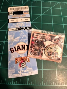 Barry Bonds Home Run #600 On 8/9/2002 boleto de temporada y pin promocional regalo leer - Imagen 1 de 5