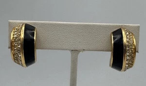 Vtg Christian Dior Gold Tone Black Enamel Pave Rhinestone Clip Earrings 22mm - Picture 1 of 2