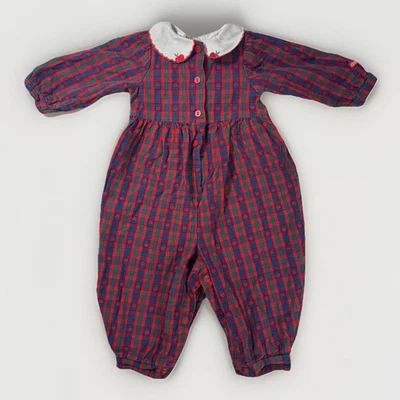 Mameluco bebé OshKosh vintage 12M • Hecho en EE. UU. • Manzanas a cuadros • Collar Peter Pan Foto 1 de 4