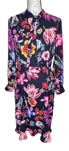 NUEVO CON ETIQUETAS J Crew Midnight Dutch #AD069 Vestido Floral Negro Manga Larga Cuello Atado Becerro 8 - Imagen 1 de 10
