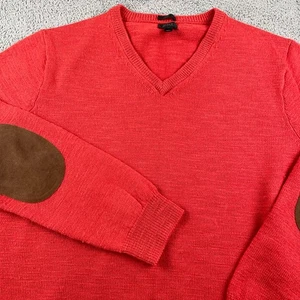 J Crew Sweater Mens XL Red Merino Wool V Neck Elbow Patch Classic Slim Fit - Picture 1 of 9