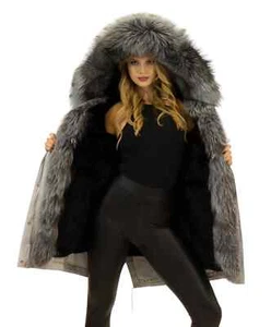 Winter Parka Mantel Jacke mit Silberfuchs XXL Pelzkragen Echtfell Echtpelz Pelz - Bild 1 von 23