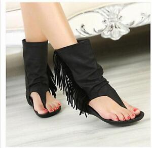 Roman Women's Tassels Fringe Thong Boots Sandals Flat Shoes Summer Black Chic