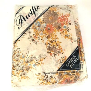 Vintage Pacific Full Double Spannbetttuch Braun Blumen Neu Versiegelt Made in USA - Bild 1 von 6