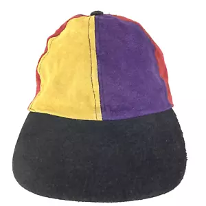 Vtg 90s Pinwheel Color Block Leather Hat Suede All Over Baseball Cap Stretch Fit - Picture 1 of 12