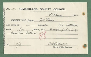 1902 CUMBERLAND COUNTY COUNCIL RECEIPT RE; CROWN INN WETHERAL, NAME OF STRONG - Picture 1 of 2