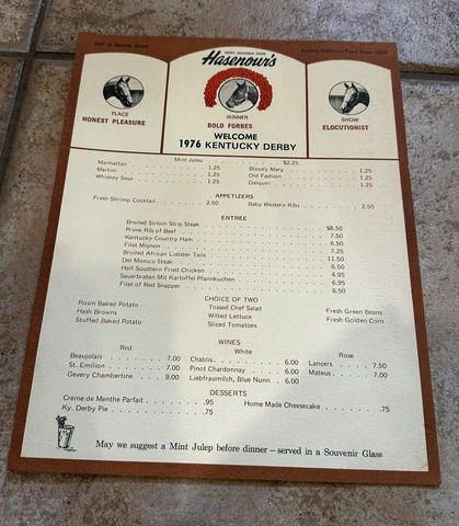HASENOUR'S LOUISVILLE KENTUCKY DERBY SOUVENIR MENU 1976 BOLD FORBES POSTCARD EUC Cover