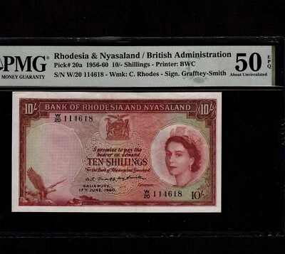 Rhodesia & Nyasaland 10 Shillings 1960 P-20a * PMG AU 50 EPQ * Queen Elizabeth * - Image 1 of 2