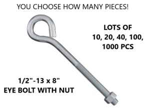 10, 25, 40, 100, 1000 pcs Zinc Steel Eye Bolts w/ Nuts 1/2-13 x 8" (4" Thread) - Bild 1 von 7