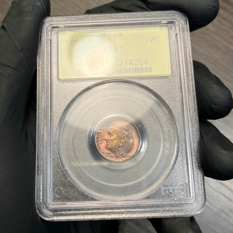 MS67 1956 10C Roosevelt Silver Dime, PCGS- Pretty Mint Set Toned, Older Holder Cover