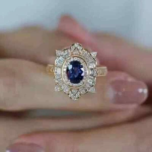 Anello aureola stile Art Decò zaffiro e diamante creato in laboratorio finitura oro giallo 14 kt - Foto 1 di 11