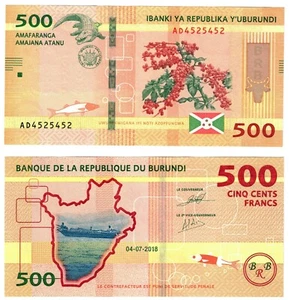 2018 Burundi 500 Francs Banknote UNC P50b Crocodile, arms, flag, coffee branch - Picture 1 of 1