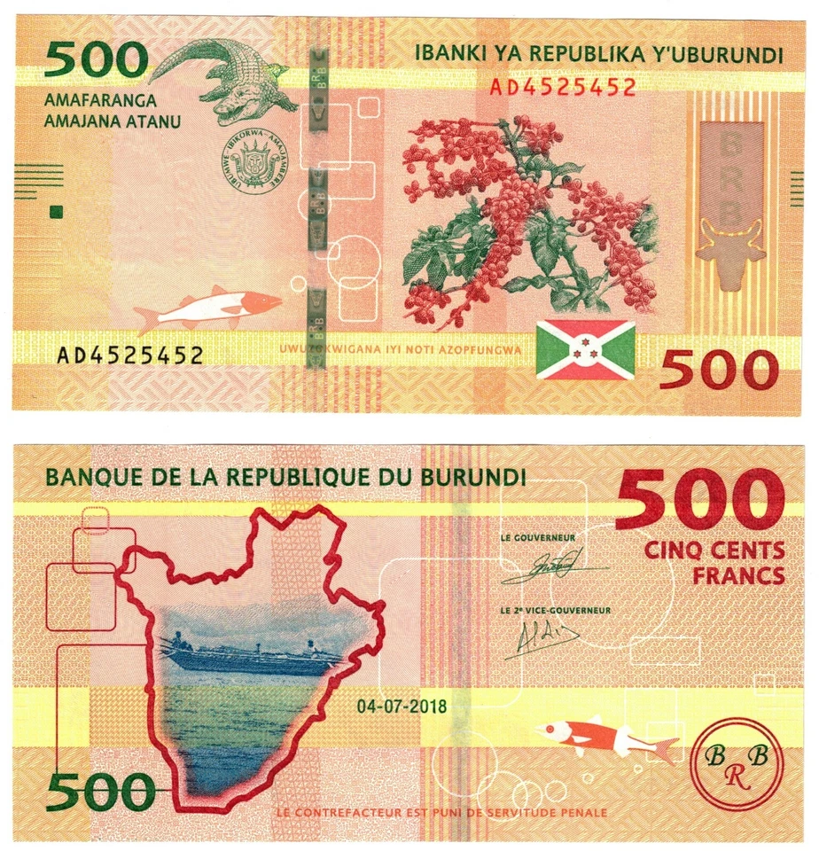 2018 Burundi 500 Francs Banknote UNC P50b Crocodile, arms, flag, coffee branch - Image 1 of 1