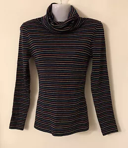 Vintage Rainbow Striped Wool Blend Fine Knit Roll Neck Jumper Size L Slim Fit - Picture 1 of 18