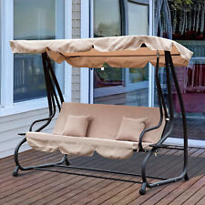 3 Seater Garden Swing Chair 2-in-1 Hammock Bed w/ Tilting Canopy, Light Brown