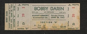 BOBBY DARIN, JUNE 28, 1962 CONCERT FULL TICKET ALBANY ARMORYSECTION "D" - Picture 1 of 1