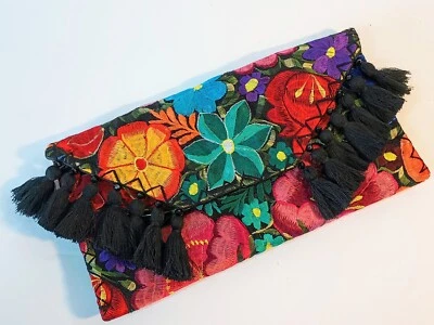 Floral Embroidered Clutch Purse Bag Handbag Tassels Flowers Festival Hippie  - Image 1 of 4
