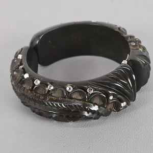 VTG Deep Carved Dark Jade Green Bakelite Bangle Hinged Bracelet W/ Rhinestones - Picture 1 of 14