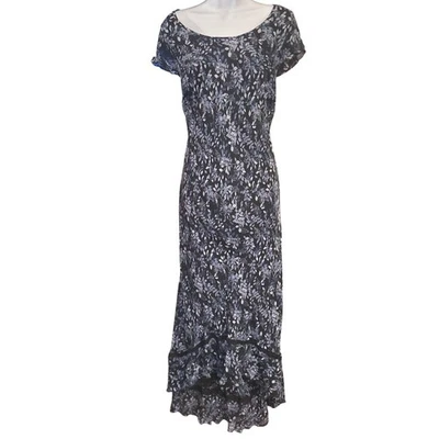 Maxi Vestido Vintage Lane Bryant Seda Corte Sesgado Azul Maxi Volantes Encaje Dobladillo Alto Bajo Foto 1 de 4