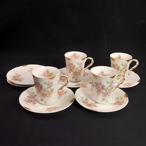 Limoges PM de M Old Abbey Set 4 Chocolate Cups & 6 Saucers Pink Gold 1908-1913 - Picture 1 of 12