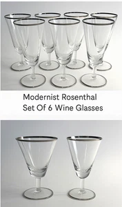 Modernist 6-teiliges Set Kristall Rosenthal Stiel Weinglas 6" Platinband, Ätzmarke - Bild 1 von 5
