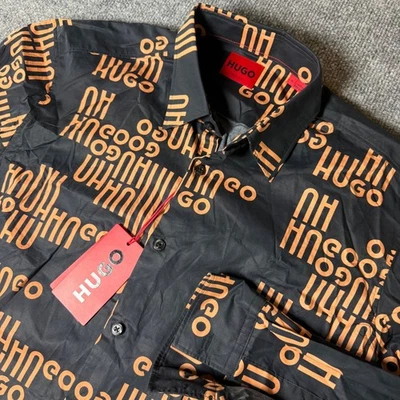 NWT Men's HUGO Boss "Ermo" Slim Fit Black/Orange All-Over Logo Print Shirt M - Image 1 of 4