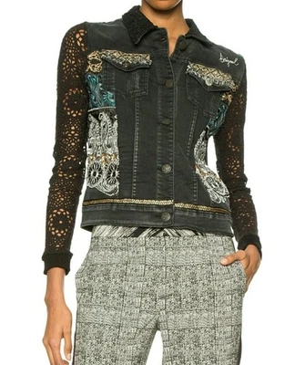 Jaqueta jeans Desigual exótica Chaq Rachele preta denim malha preta tamanho 44 - Imagem 1 de 4
