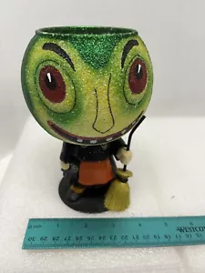 VINTAGE HALLOWEEN GRÜNE HEXE JACK O LATERNE KERZENHALTER GLAS TOP KOPF - Bild 1 von 7