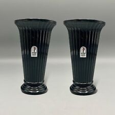 Vintage Pilgrim Glass Black Art Deco Vase Ribbed Art Glass 6 Inch Set Of 2