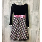 Dollie & Me Girl Size 7 Long Sleeve Velvet Black Pink Plaid Ribbon Bow Dress