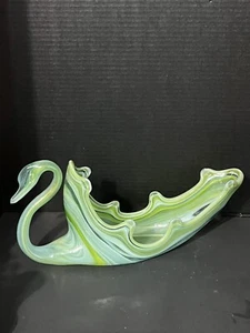 15” Sooner Hand Blown Swan Green /white Swirl Design Glass - Picture 1 of 12