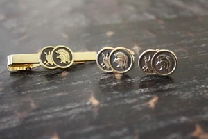 Vtg Gold Tone ANSON Roman Guard Helmet and Shield Design Cufflinks Tie Bar SET - Picture 1 of 8